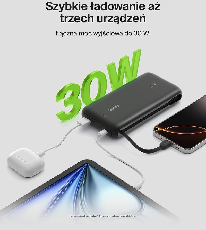 Belkin išorinė baterija 20000 mAh su integruotu USB-C laidu, 30 W, BPB024hqBK