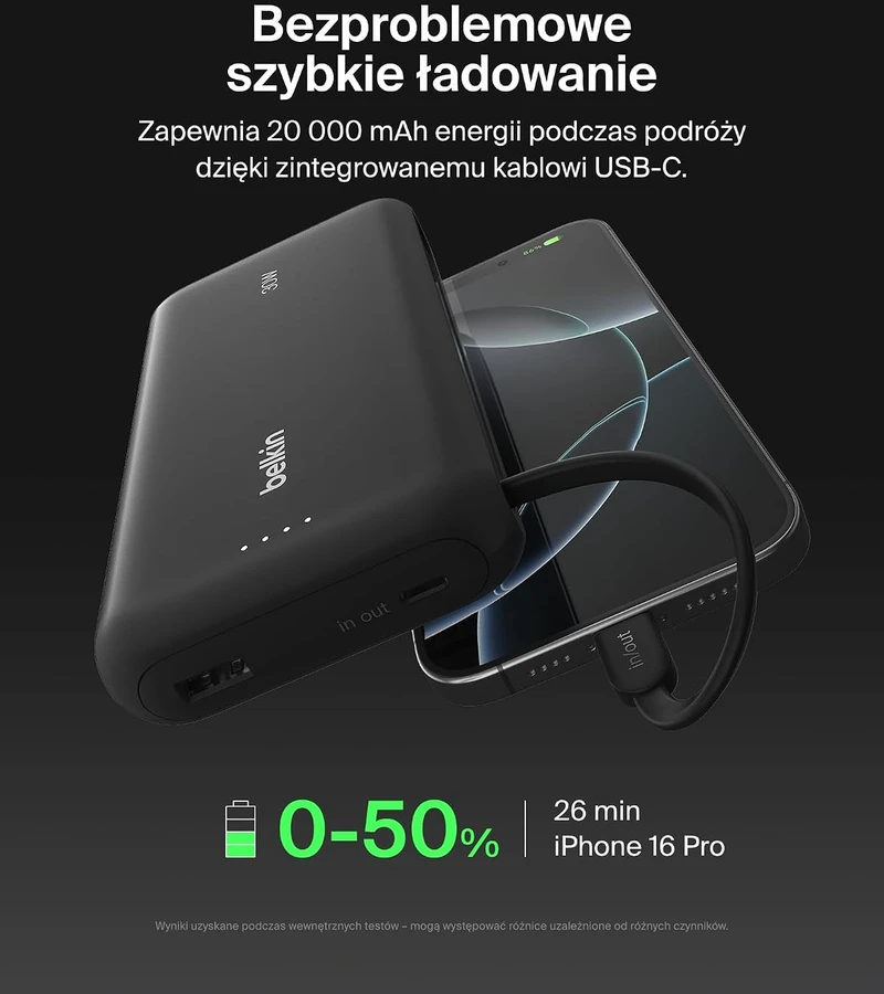 Belkin išorinė baterija 20000 mAh su integruotu USB-C laidu, 30 W, BPB024hqBK