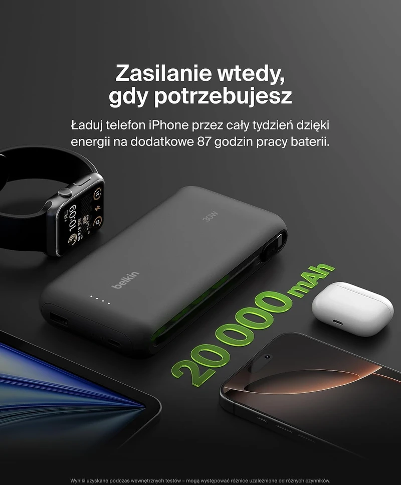 Belkin išorinė baterija 20000 mAh su integruotu USB-C laidu, 30 W, BPB024hqBK