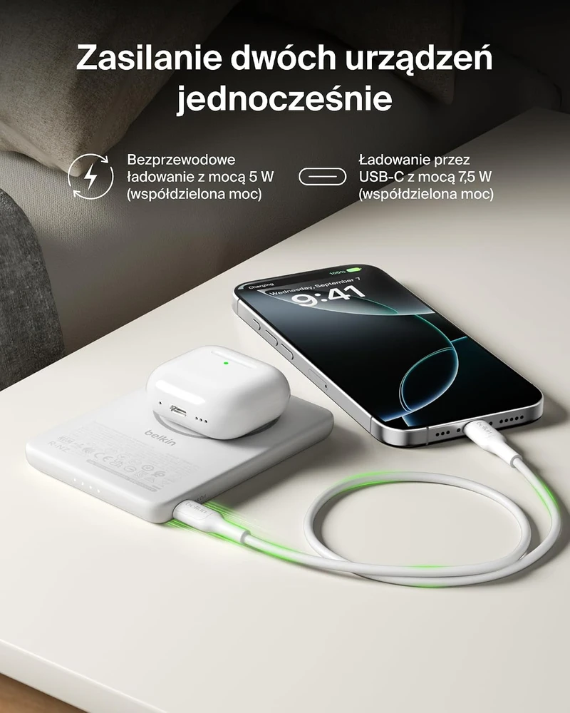 Belkin magnetinis belaidis išorinis akumuliatorius 5000 mAh, USB-C, 7,5 W BPD010hqWH