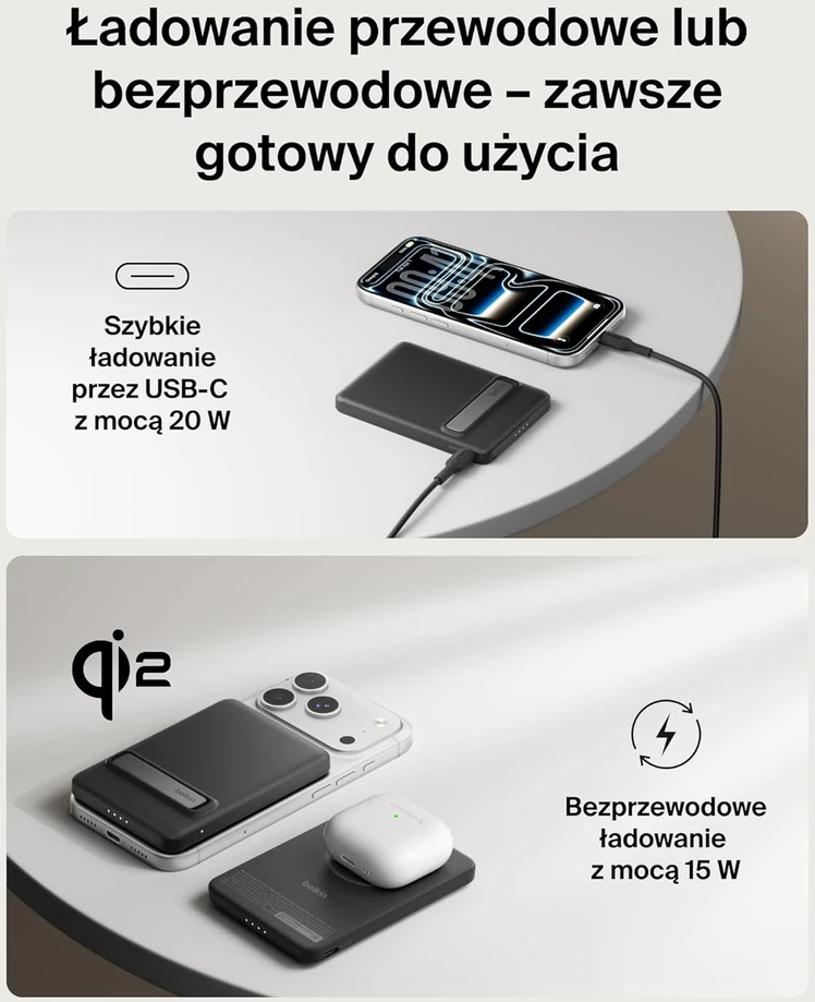 Belkin magnetinis power bankas 5000 mAh su Qi2 15 W belaidžiu krovimu ir USB-C, juodas, BPD011hqBK
