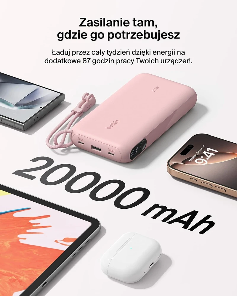 Belkin Powerbank 20 000 mAh, 20 W, USB-C ir USB-A, su ekranu, BPB028hqPK