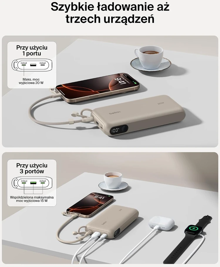 Belkin Powerbank BoostCharge 20 000 mAh su ekranu, 20 W, smėlio spalvos BPB028hqSD