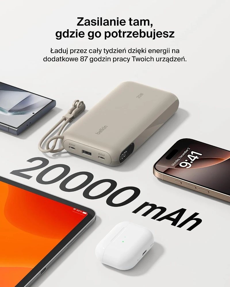 Belkin Powerbank BoostCharge 20 000 mAh su ekranu, 20 W, smėlio spalvos BPB028hqSD