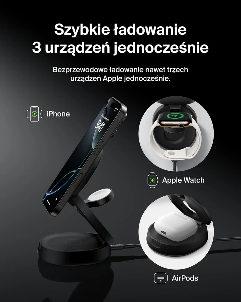 Belkin sulankstomas belaidis Qi2 3 viename įkroviklis 15 W WIZ034kqBK