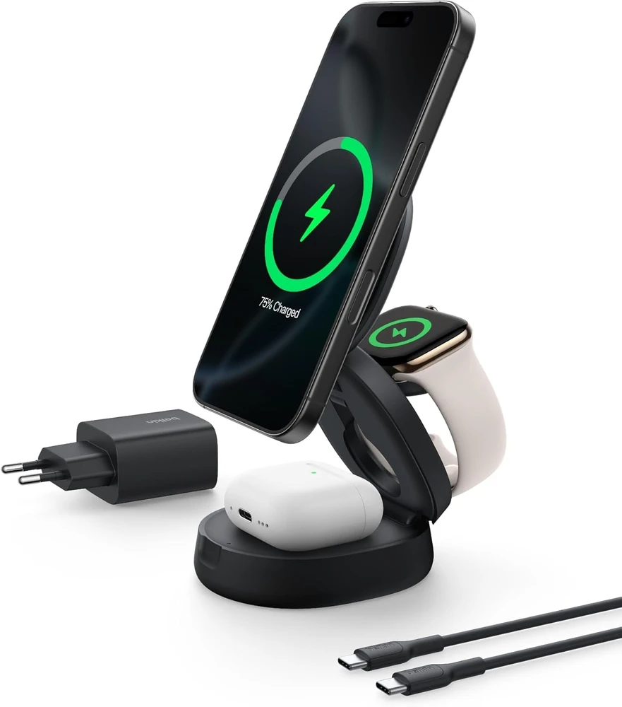 Belkin sulankstomas belaidis Qi2 3 viename įkroviklis 15 W WIZ034kqBK
