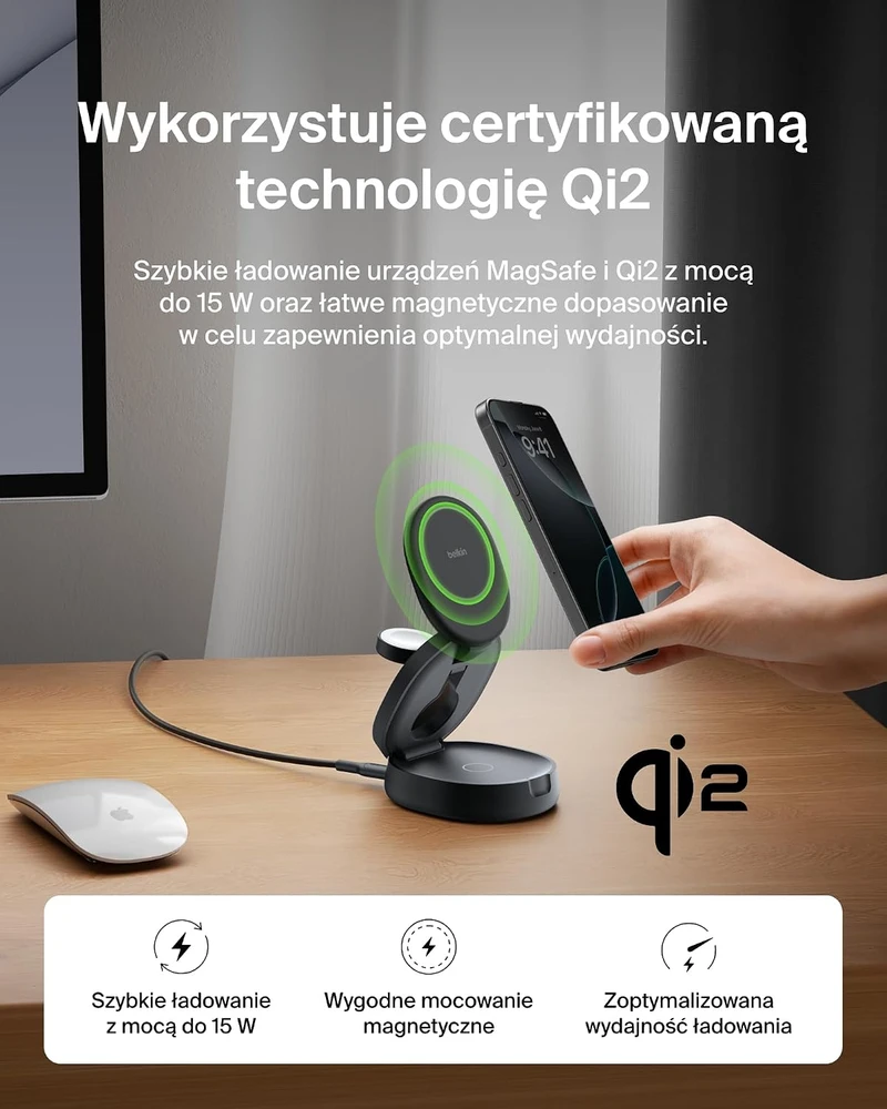 Belkin sulankstomas belaidis Qi2 3 viename įkroviklis 15 W WIZ034kqBK