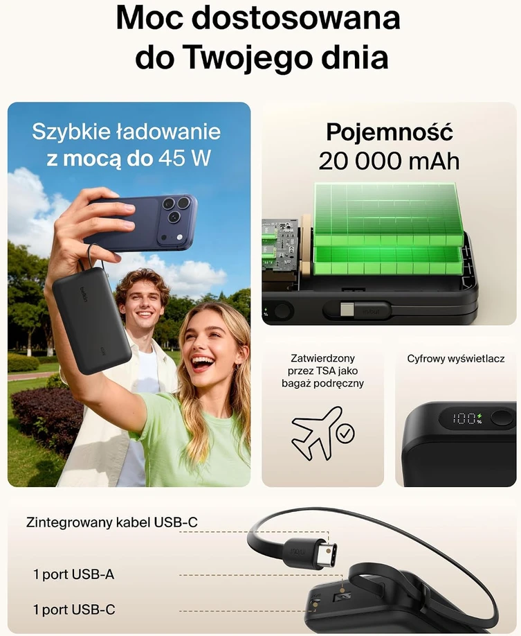 Belkin UltraCharge išorinė baterija 20 000 mAh, 45 W, su integruotu USB-C kabeliu BPB036hqBK