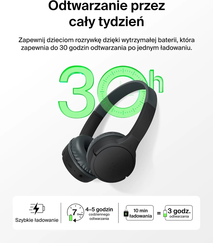 Belkin vaikiškos belaidės ant ausų dedamos ausinės Bluetooth 5.3, 30 h, SoundForm Mini AUD002btBKV3