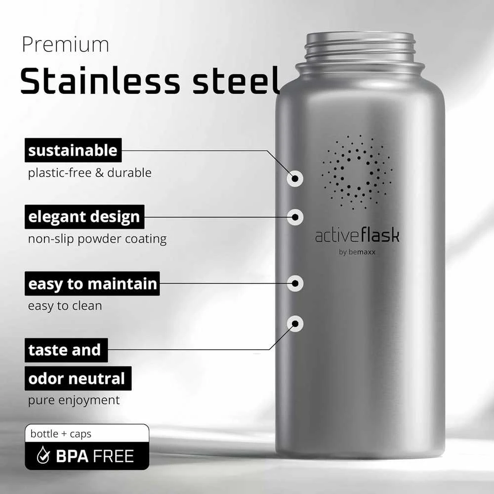 Bemaxx ACTIVE FLASK Nerūdijančio plieno gertuvė su šiaudeliu 950 ml, pilka