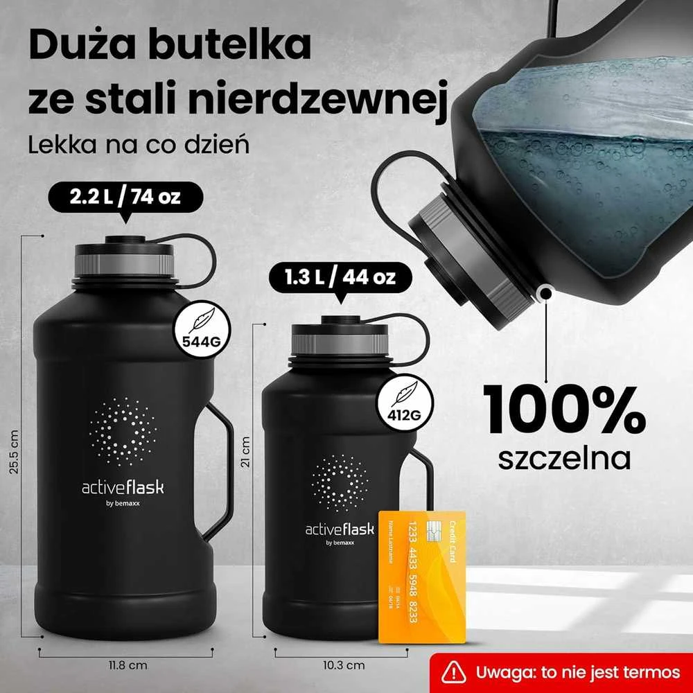 Bemaxx ACTIVE FLASK Nerūdijančio plieno gertuvė su šiaudeliu 2200 ml, juoda