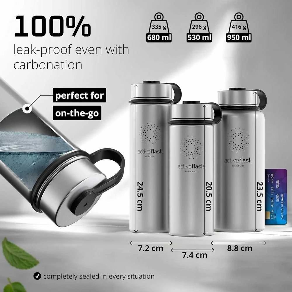 Bemaxx ACTIVE FLASK Nerūdijančio plieno gertuvė su šiaudeliu 950 ml, pilka