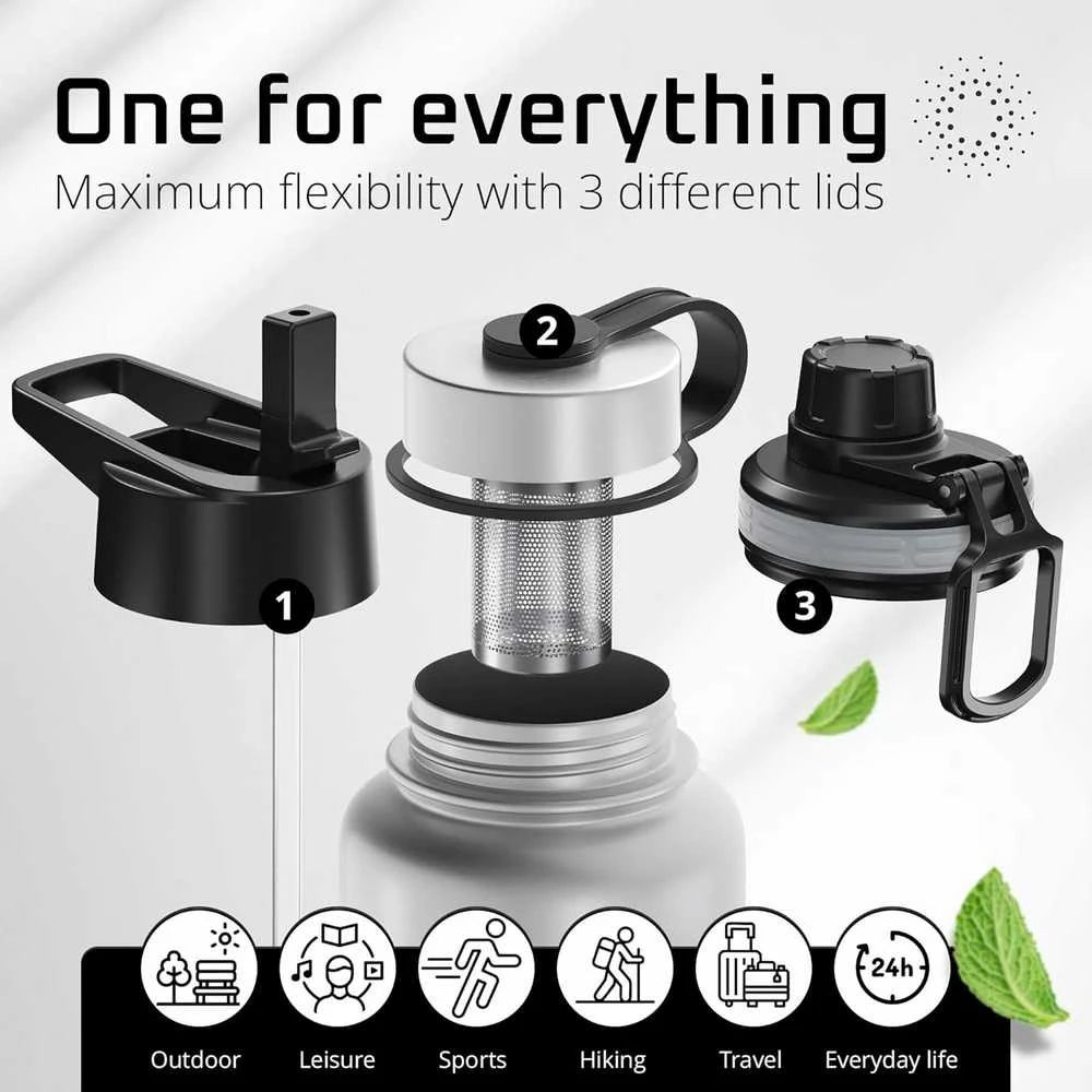 Bemaxx ACTIVE FLASK Nerūdijančio plieno gertuvė su šiaudeliu 950 ml, pilka