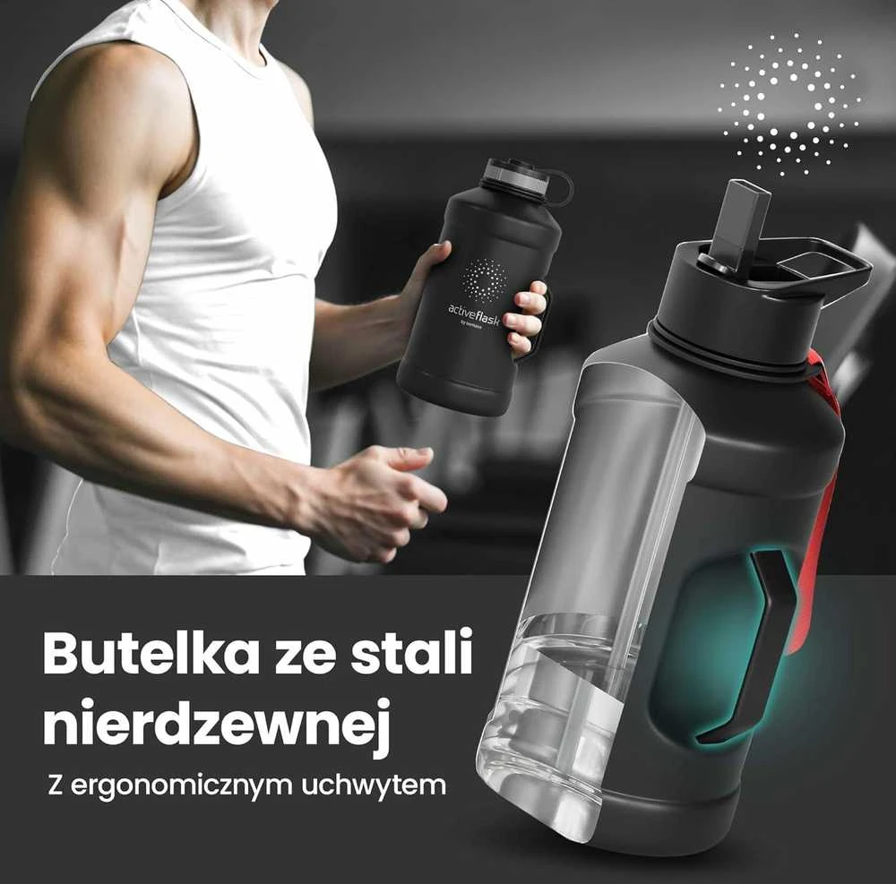 Bemaxx ACTIVE FLASK Nerūdijančio plieno gertuvė su šiaudeliu 2200 ml, juoda