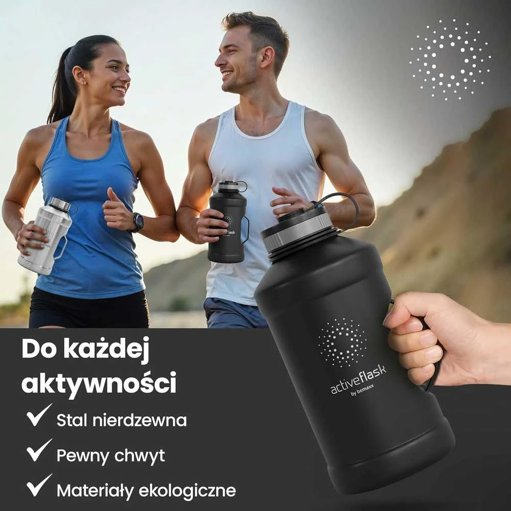 Bemaxx ACTIVE FLASK Nerūdijančio plieno gertuvė su šiaudeliu 2200 ml, juoda