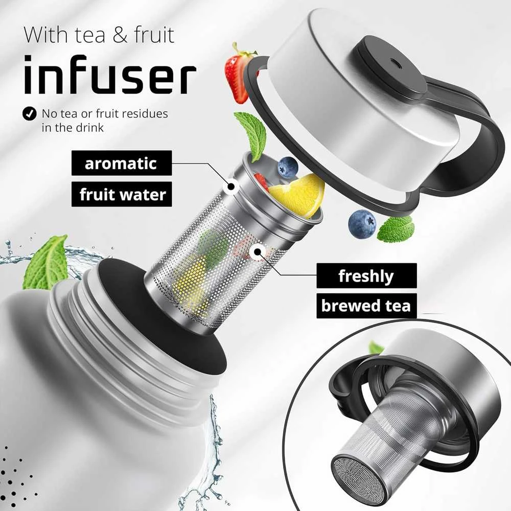 Bemaxx ACTIVE FLASK Nerūdijančio plieno gertuvė su šiaudeliu 950 ml, pilka