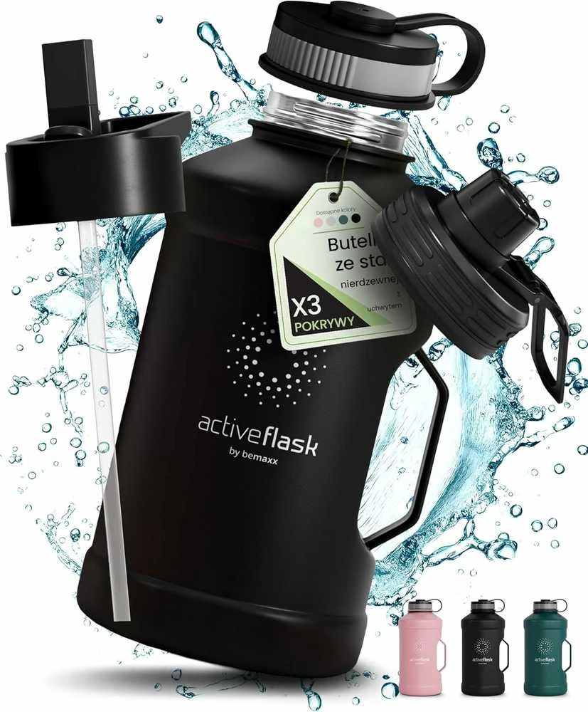 Bemaxx ACTIVE FLASK Nerūdijančio plieno gertuvė su šiaudeliu 2200 ml, juoda