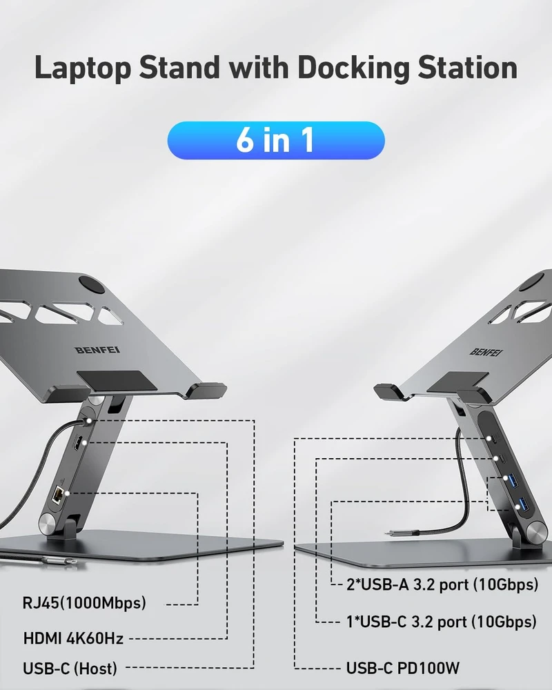BENFEI nešiojamojo kompiuterio stovas su USB-C 6 viename dokine stotele, BNF-ACC-0398G