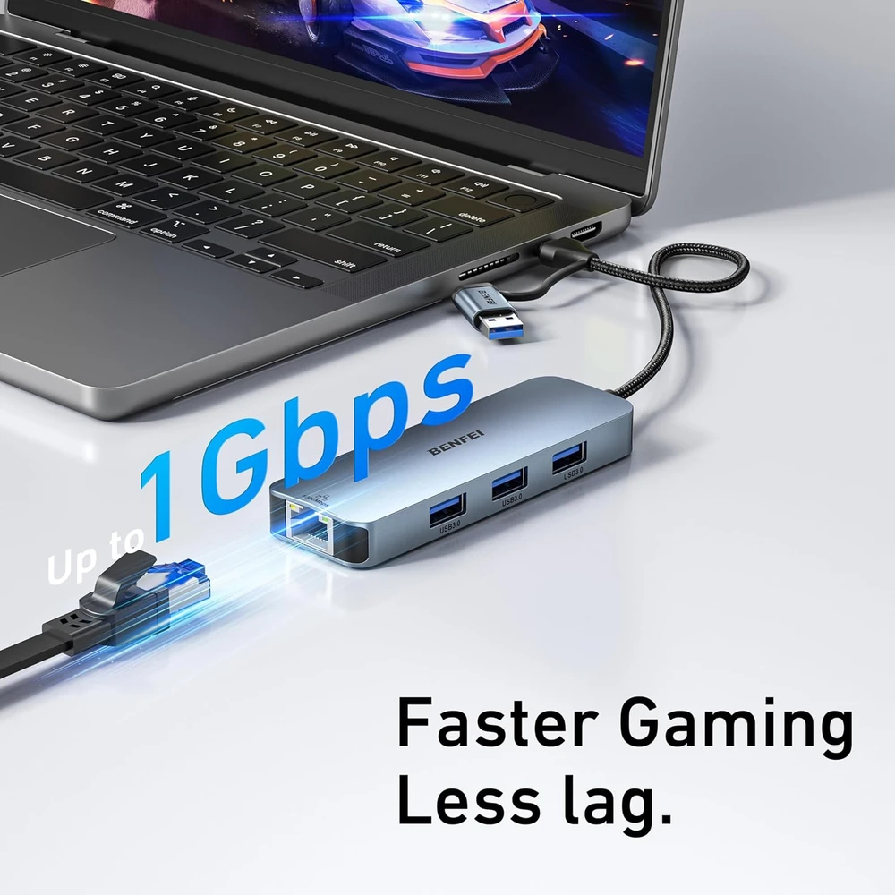 BENFEI USB-C į Gigabit Ethernet adapteris su 3 USB 3.0 jungtimis, 5 Gb/s, 000386grey
