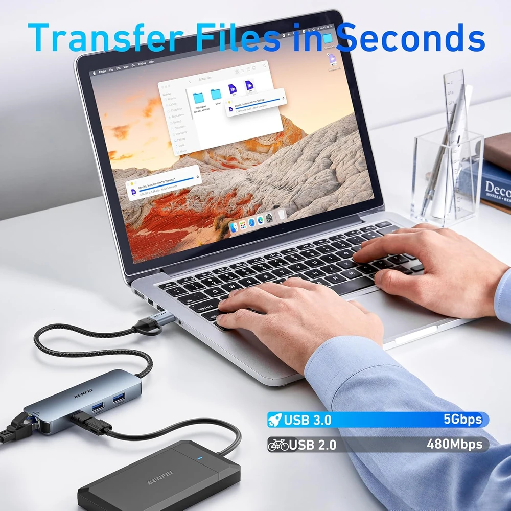 BENFEI USB-C į Gigabit Ethernet adapteris su 3 USB 3.0 jungtimis, 5 Gb/s, 000386grey