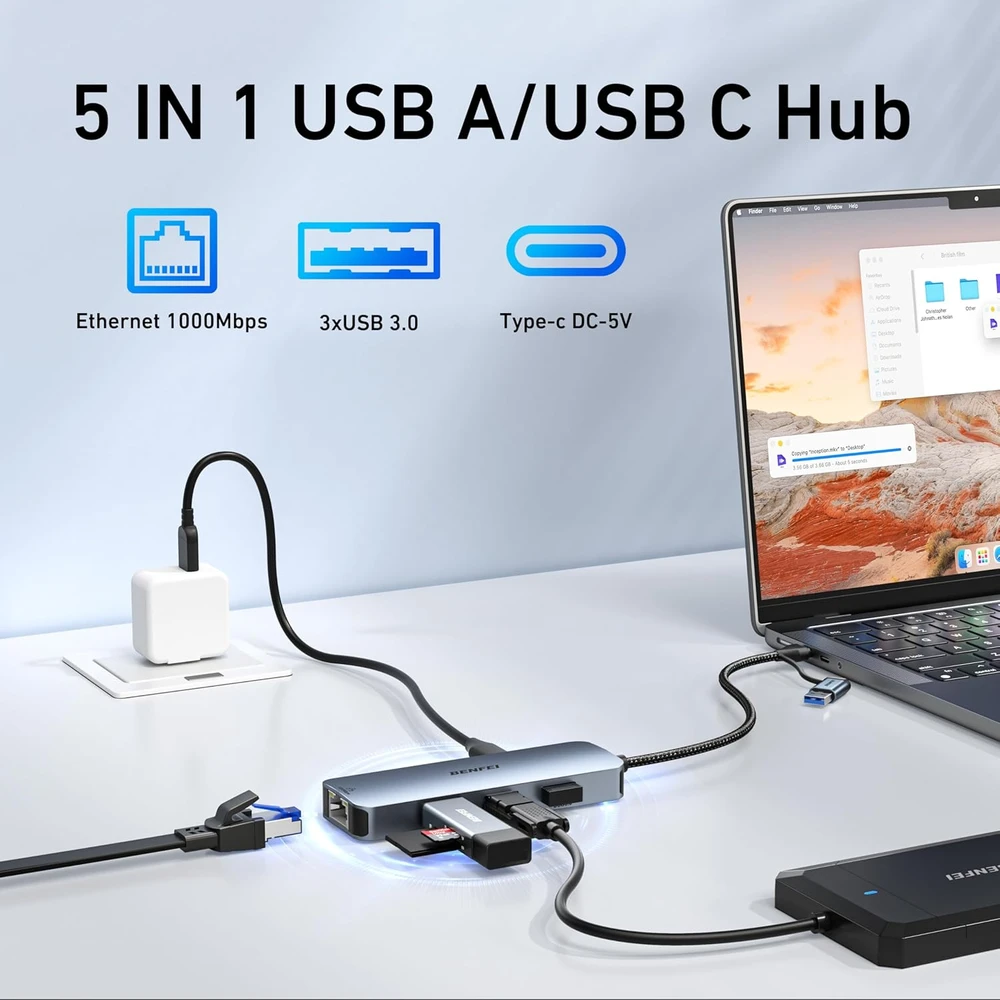 BENFEI USB-C į Gigabit Ethernet adapteris su 3 USB 3.0 jungtimis, 5 Gb/s, 000386grey