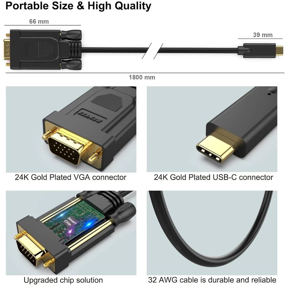 BENFEI USB-C į VGA laidas 1.8 m, 1920 x 1200, 60 Hz, modelis 000204black