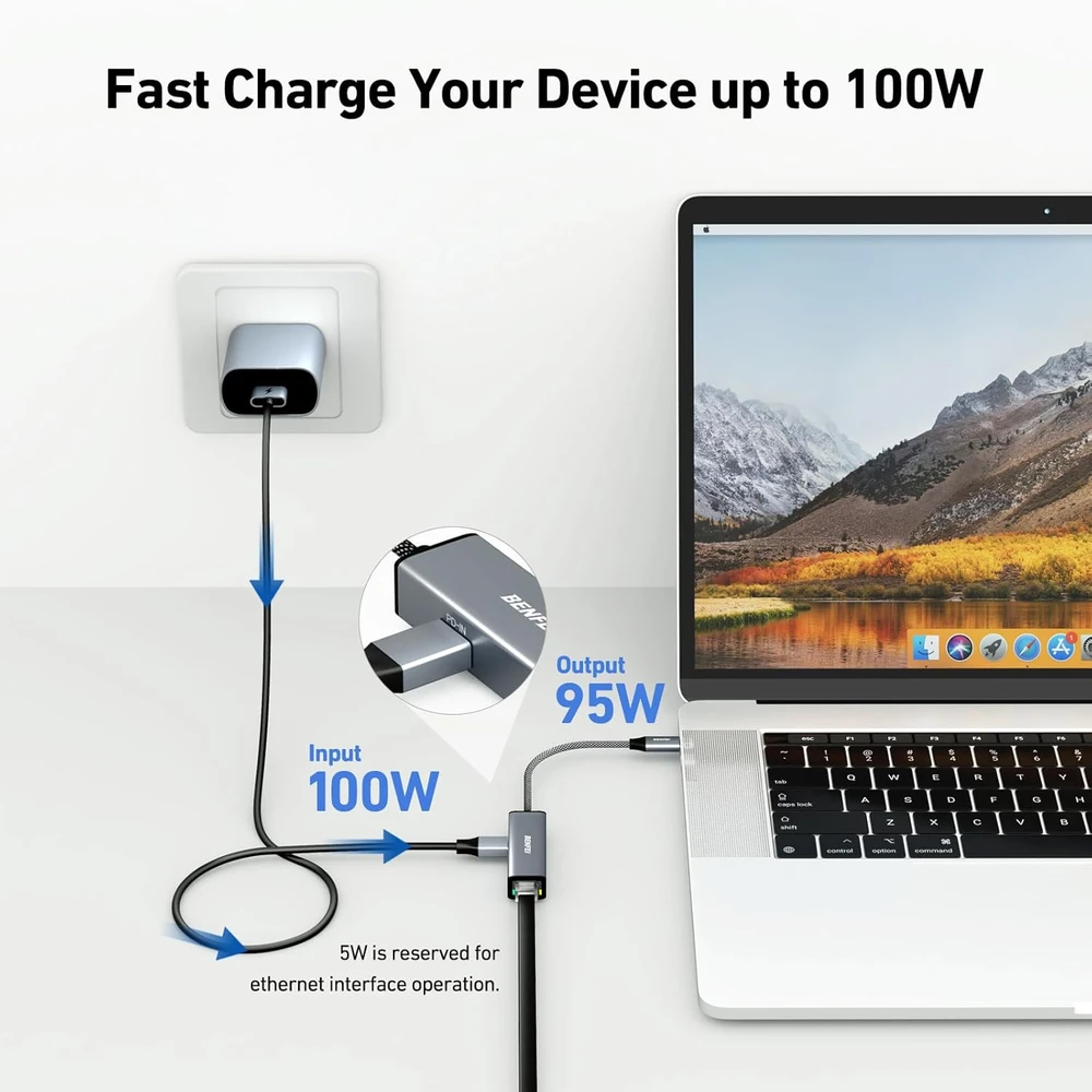 BENFEI USB-C ir Gigabit Ethernet (RJ45) tinklo adapteris su 100 W PD, 000362grey