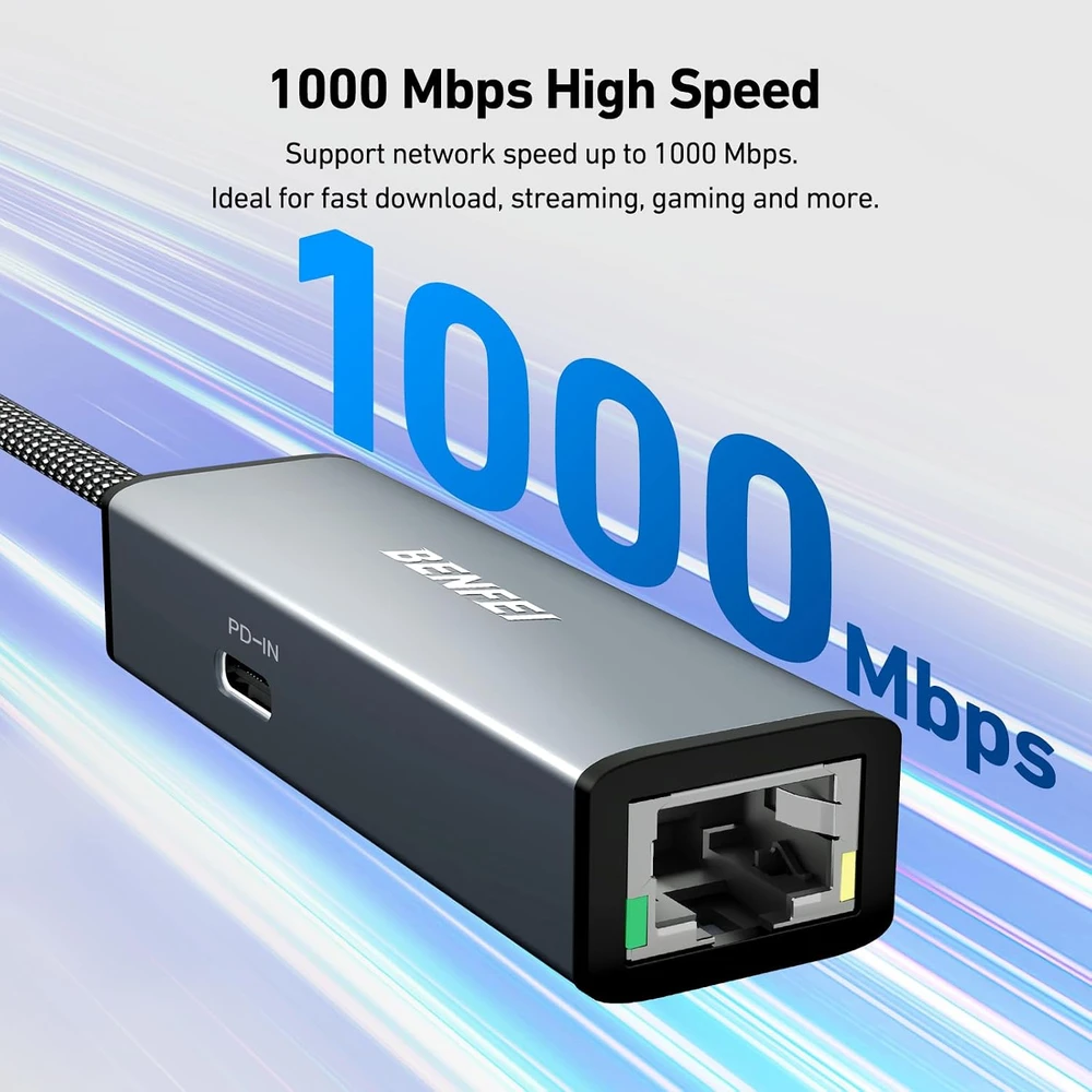 BENFEI USB-C ir Gigabit Ethernet (RJ45) tinklo adapteris su 100 W PD, 000362grey