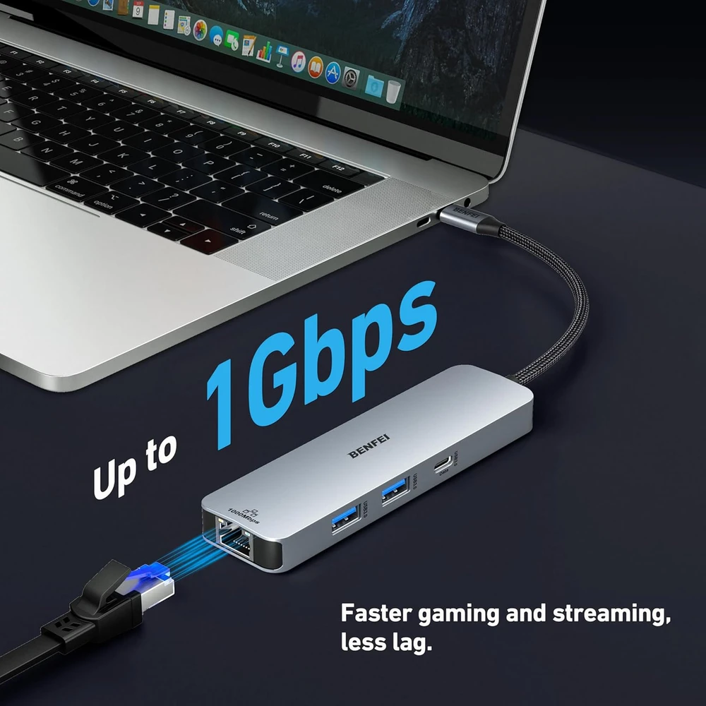 BENFEI USB-C šakotuvas 6 viename su HDMI 4K 60 Hz, 100 W įkrovimu ir Gigabit Ethernet BNF-USBC-0379G
