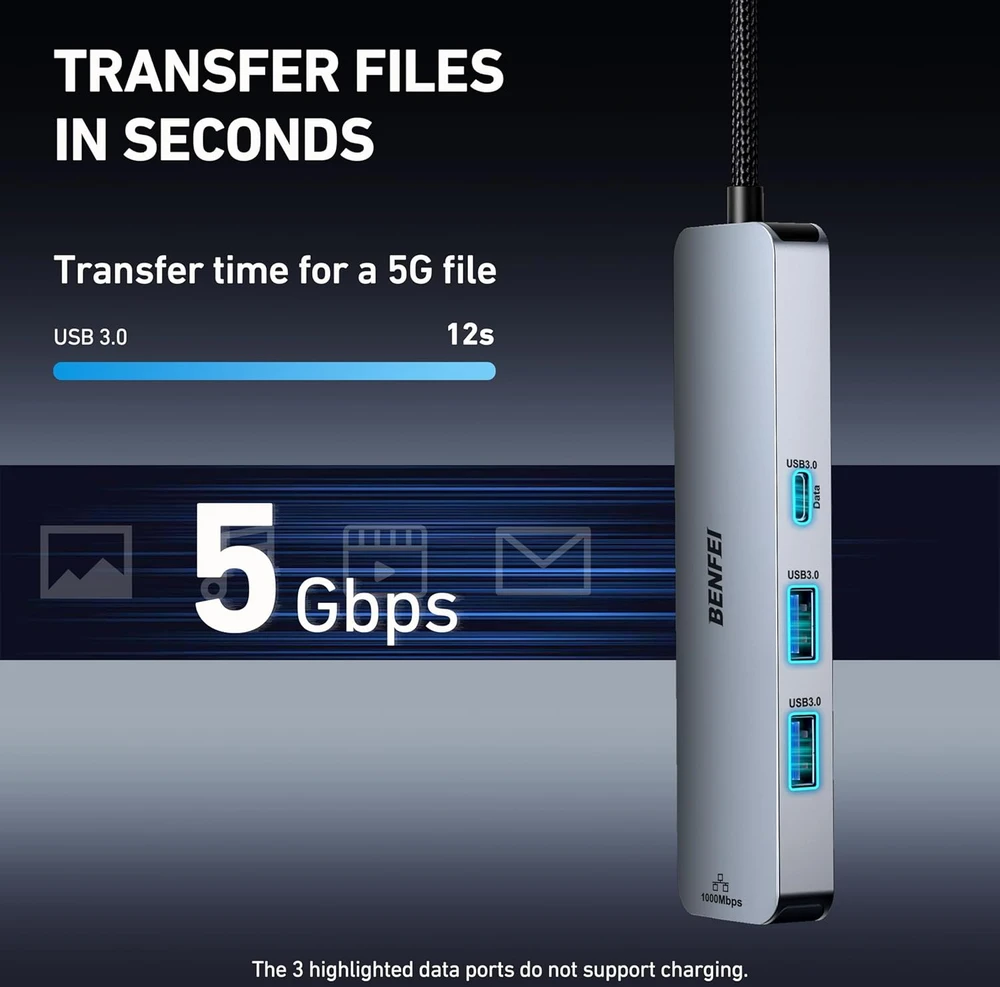 BENFEI USB-C šakotuvas 6 viename su HDMI 4K 60 Hz, 100 W įkrovimu ir Gigabit Ethernet BNF-USBC-0379G