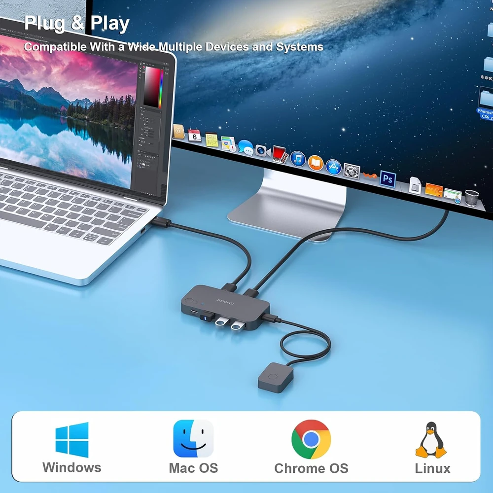 BENFEI USB perjungiklis 2 kompiuteriams su 3 USB 3.0 ir USB-C, 5 Gb/s, 000376black