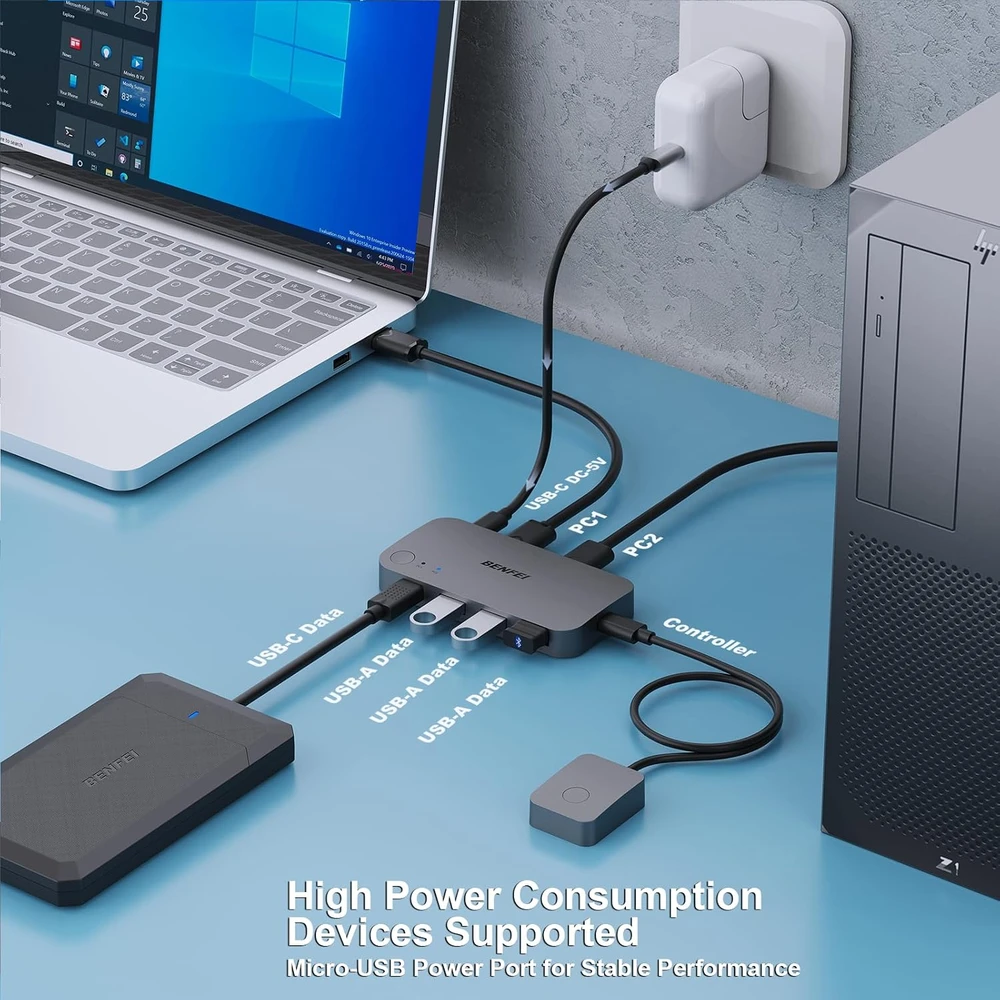BENFEI USB perjungiklis 2 kompiuteriams su 3 USB 3.0 ir USB-C, 5 Gb/s, 000376black