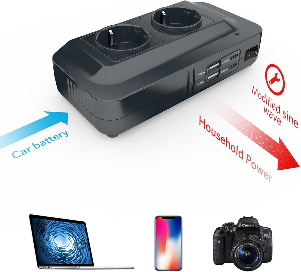 BESTEK automobilinis įtampos keitiklis 12 V į 230 V, 200 W, 2 lizdai ir 4 USB MRI2013NU
