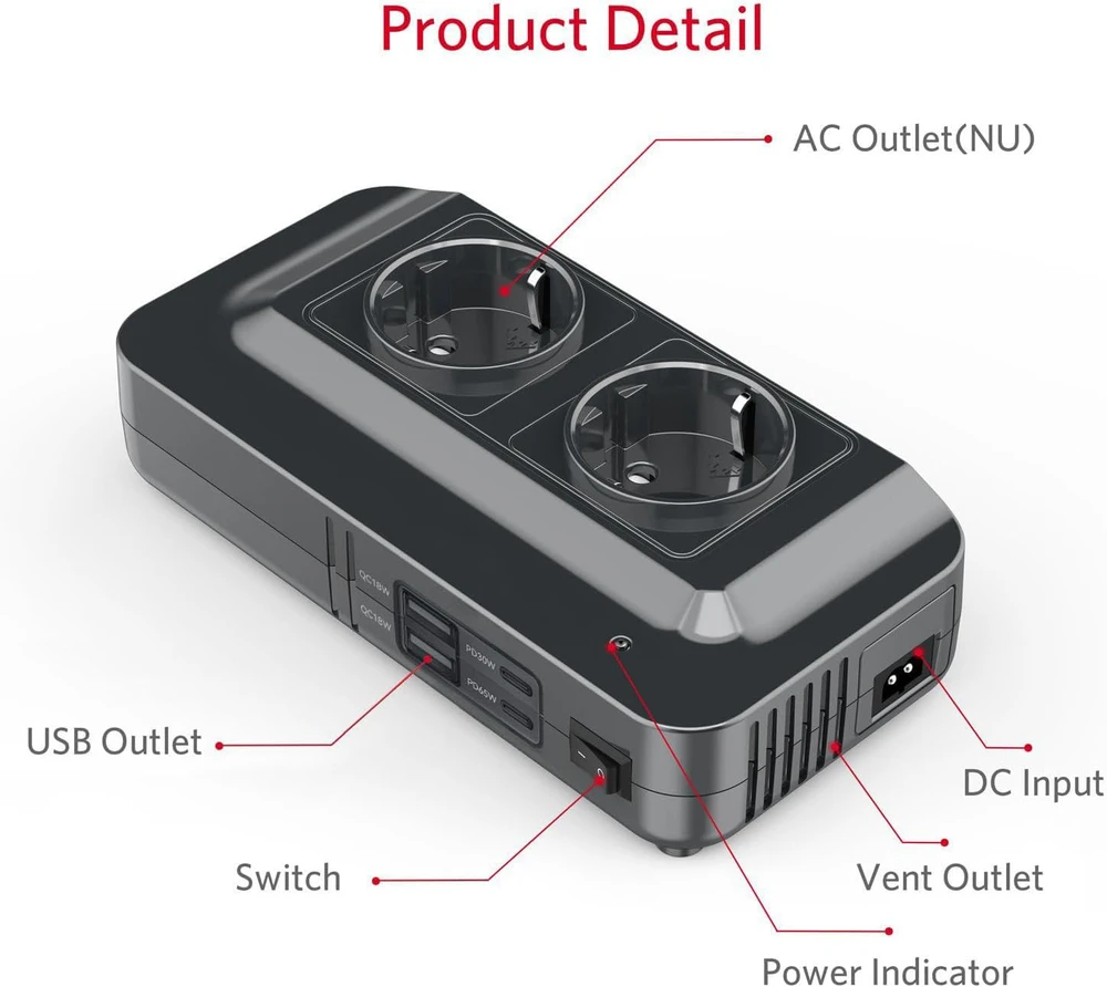 BESTEK automobilinis įtampos keitiklis 12 V į 230 V, 200 W, 2 lizdai ir 4 USB MRI2013NU