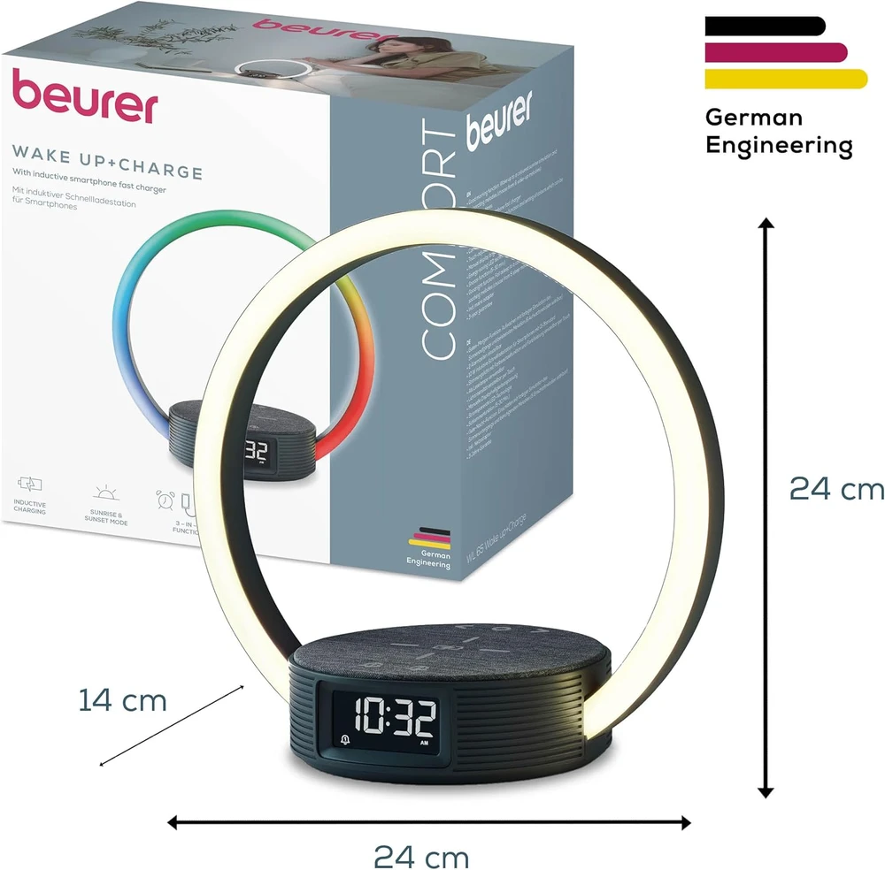 Beurer šviesinis žadintuvas su Qi belaidžiu 10 W įkrovimu ir LED naktine lempa WL 65
