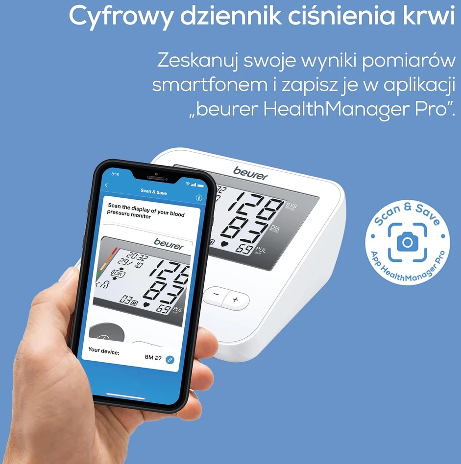 Beurer žastinis kraujospūdžio matuoklis BM27 su 22–42 cm manžete ir aritmijos aptikimu