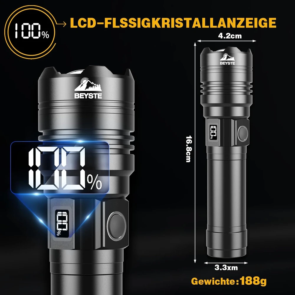 BEYSTE LED prožektorius, 30 W, IPX6 atsparus vandeniui, LCD ekranas, USB įkrovimas, BEYSTE-A15