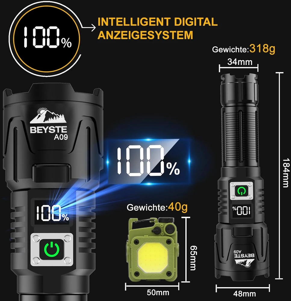 BEYSTE LED taktinė įkraunama žibintuvėlis, 50 W, 1000000 lm, aliuminis, LCD ekranas, BEYSTE-A09
