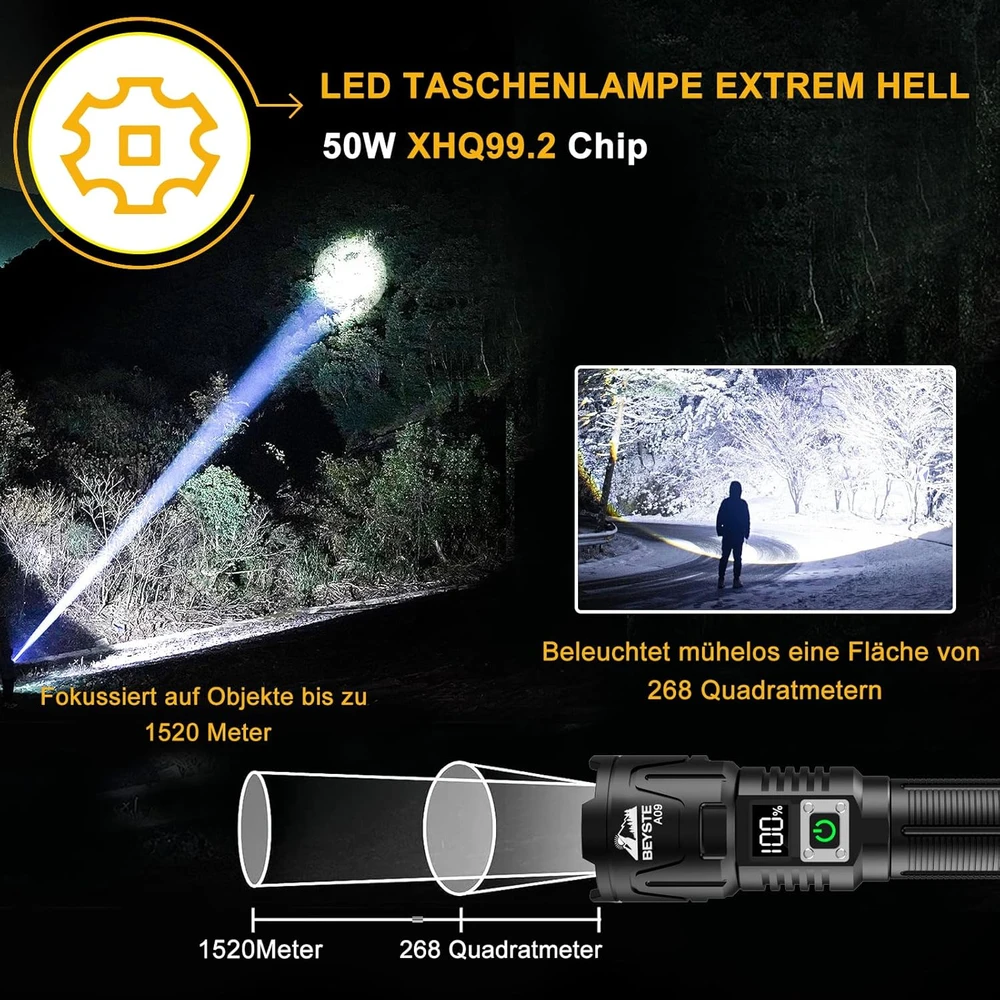 BEYSTE LED taktinė įkraunama žibintuvėlis, 50 W, 1000000 lm, aliuminis, LCD ekranas, BEYSTE-A09