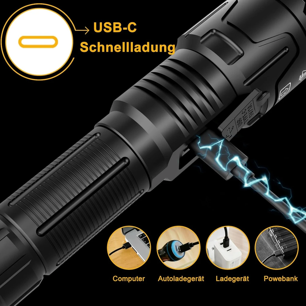 BEYSTE LED taktinė įkraunama žibintuvėlis, 50 W, 1000000 lm, aliuminis, LCD ekranas, BEYSTE-A09