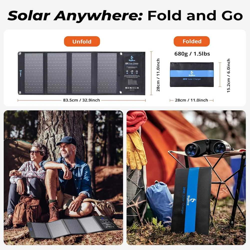 BigBlue saulės baterija 28 W, lankstoma, 2x USB-C, 1x USB-A, IP44, nešiojama, B401 LG-US