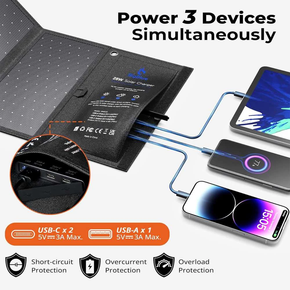 BigBlue saulės baterija 28 W, lankstoma, 2x USB-C, 1x USB-A, IP44, nešiojama, B401 LG-US