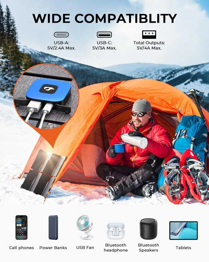 BigBlue saulės telefono įkroviklis 25 W, su USB-A ir USB-C, atsparus vandeniui IP68, sulankstomas