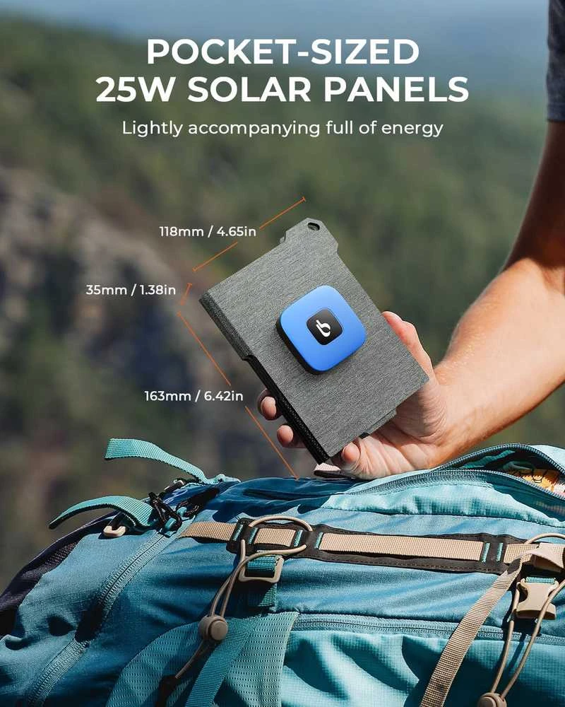BigBlue saulės telefono įkroviklis 25 W, su USB-A ir USB-C, atsparus vandeniui IP68, sulankstomas