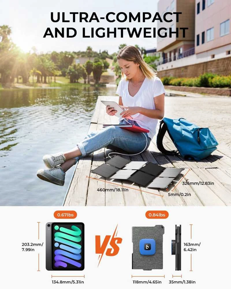 BigBlue saulės telefono įkroviklis 25 W, su USB-A ir USB-C, atsparus vandeniui IP68, sulankstomas