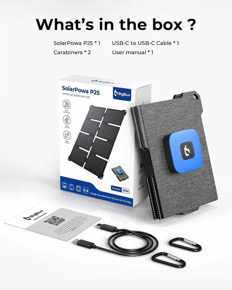 BigBlue saulės telefono įkroviklis 25 W, su USB-A ir USB-C, atsparus vandeniui IP68, sulankstomas