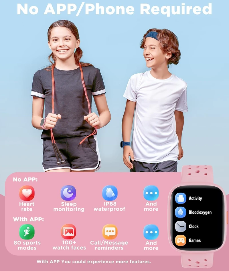 BIGGERFIVE išmanusis laikrodis vaikams su 1.8 col. ekranu, Bluetooth ir IP68, BW02