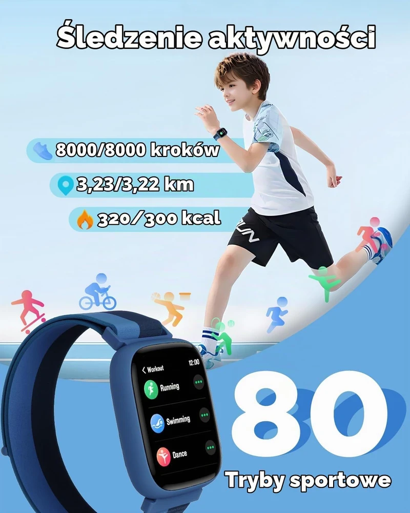 BIGGERFIVE vaikiškas išmanusis laikrodis su 1.8 col. ekranu, Bluetooth, IP68, BW02
