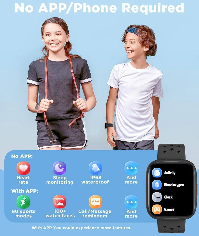 BIGGERFIVE vaikiškas išmanusis laikrodis su 1.8 col. ekranu, IP68, Bluetooth, BW02