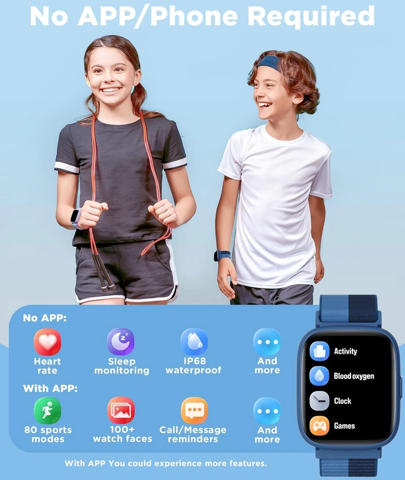 BIGGERFIVE vaikiškas išmanusis laikrodis su 1.8 col. ekranu, Bluetooth, IP68, BW02